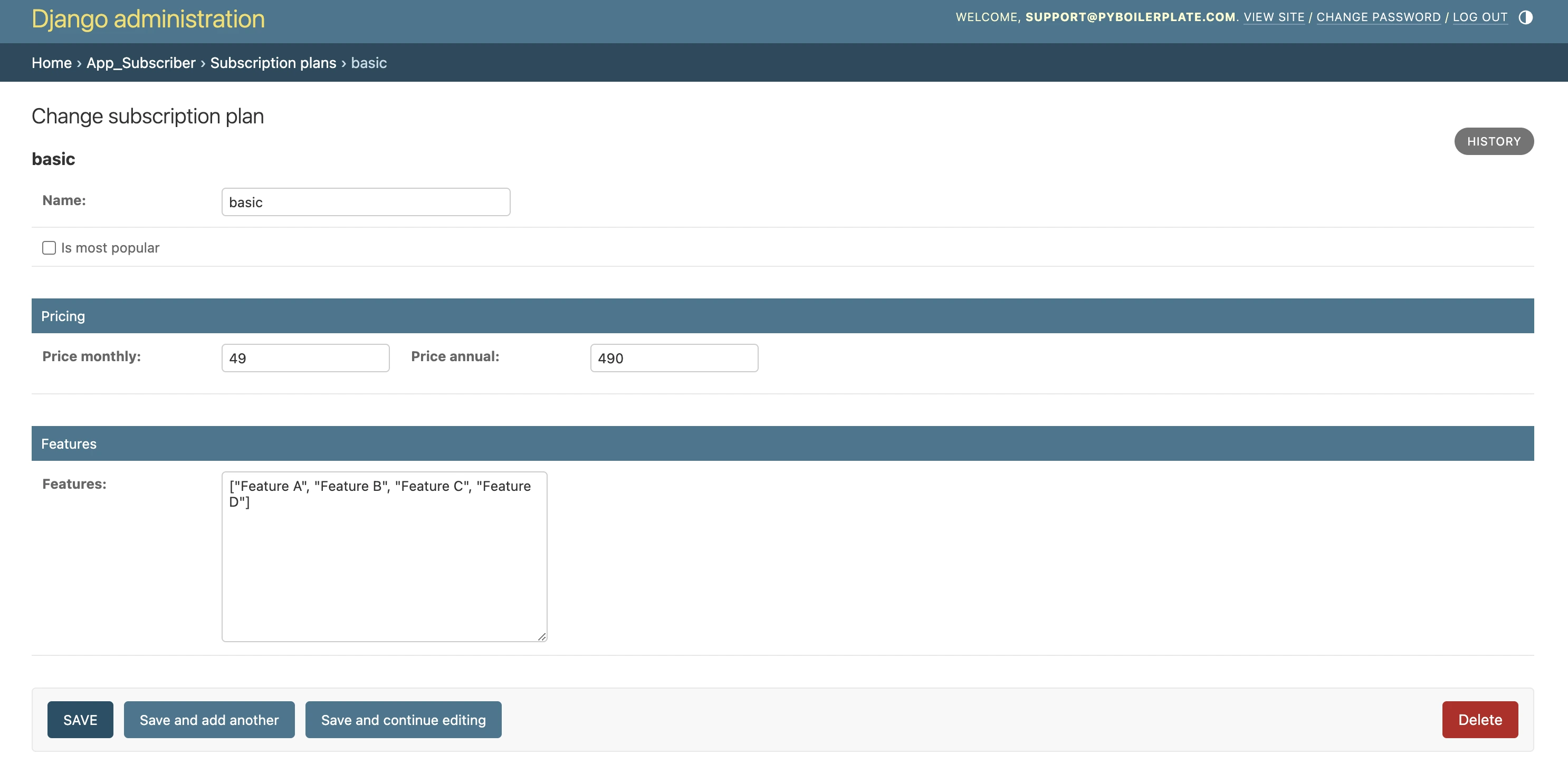 Subscription Plans Admin Detail Configuration