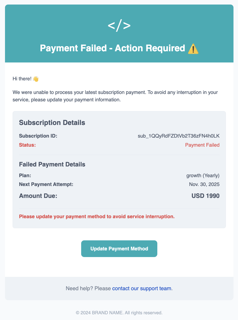 subscription failed email template