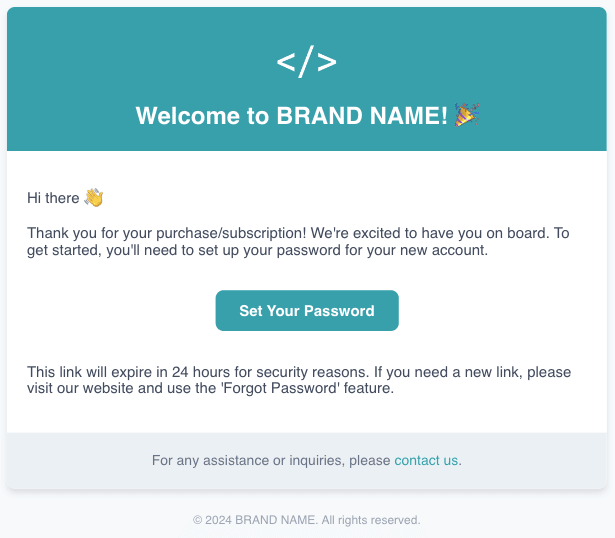 welcome email after purchase with password setup